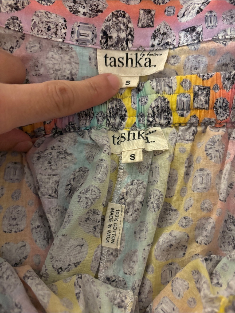 Tashka by Beatrice Double Sleeve Pastel Diamond Cotton Pajamas SZ S EUC - Picture 3 of 3